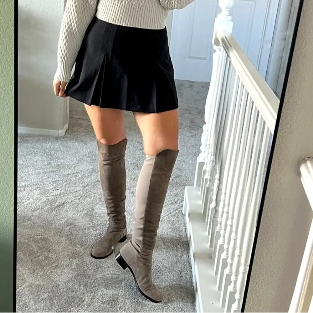 Stuart Weitzman Suede Over-The-Knee Flat Boots - 8.5 - Slate Grey